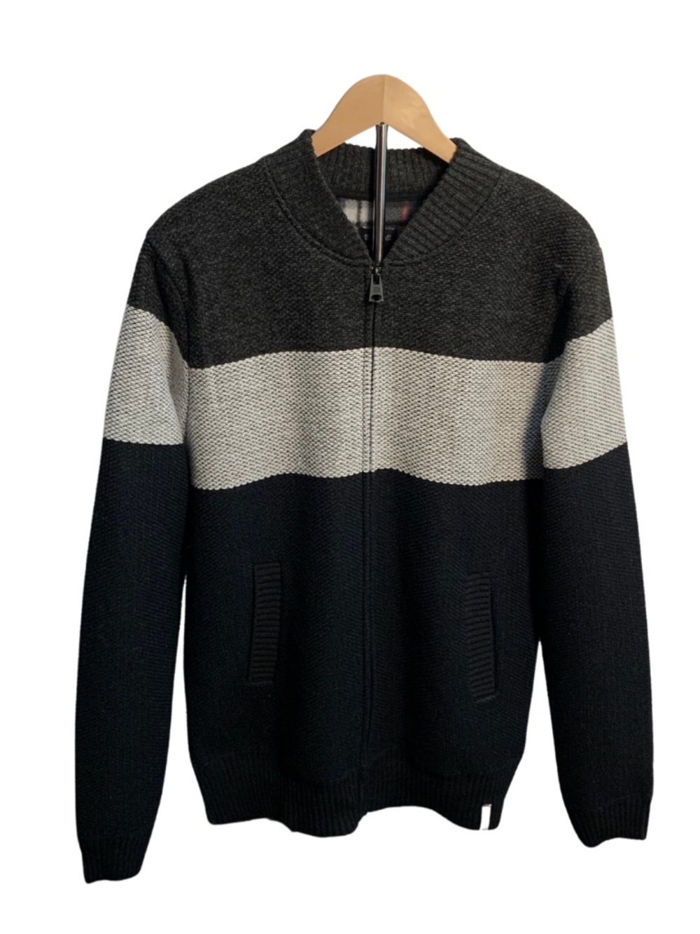 Buffalo David Bitton Men's Black Gray Cream Colorblock Zip Cardigan Sweater L
